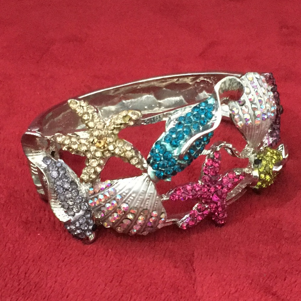 Ladies’ Beach Theme Spring-Hinged Silver-Tone Ban… - image 1